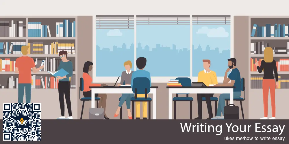 illustration of students working on their essays in a library